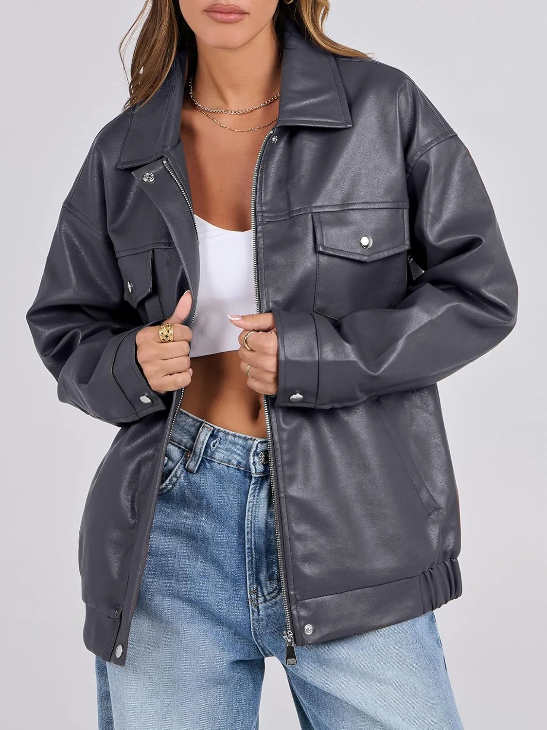ANRABESS Women Oversized Faux Leather Jackets Fall Fashion Zip Up Motorcycle Coats Winter 2025 Spring Outfits Clothes