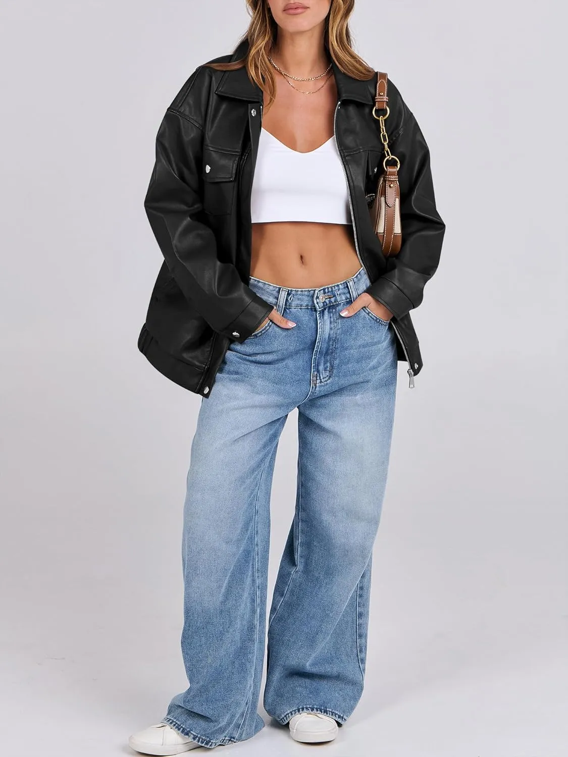 ANRABESS Women Oversized Faux Leather Jackets Fall Fashion Zip Up Motorcycle Coats Winter 2025 Spring Outfits Clothes