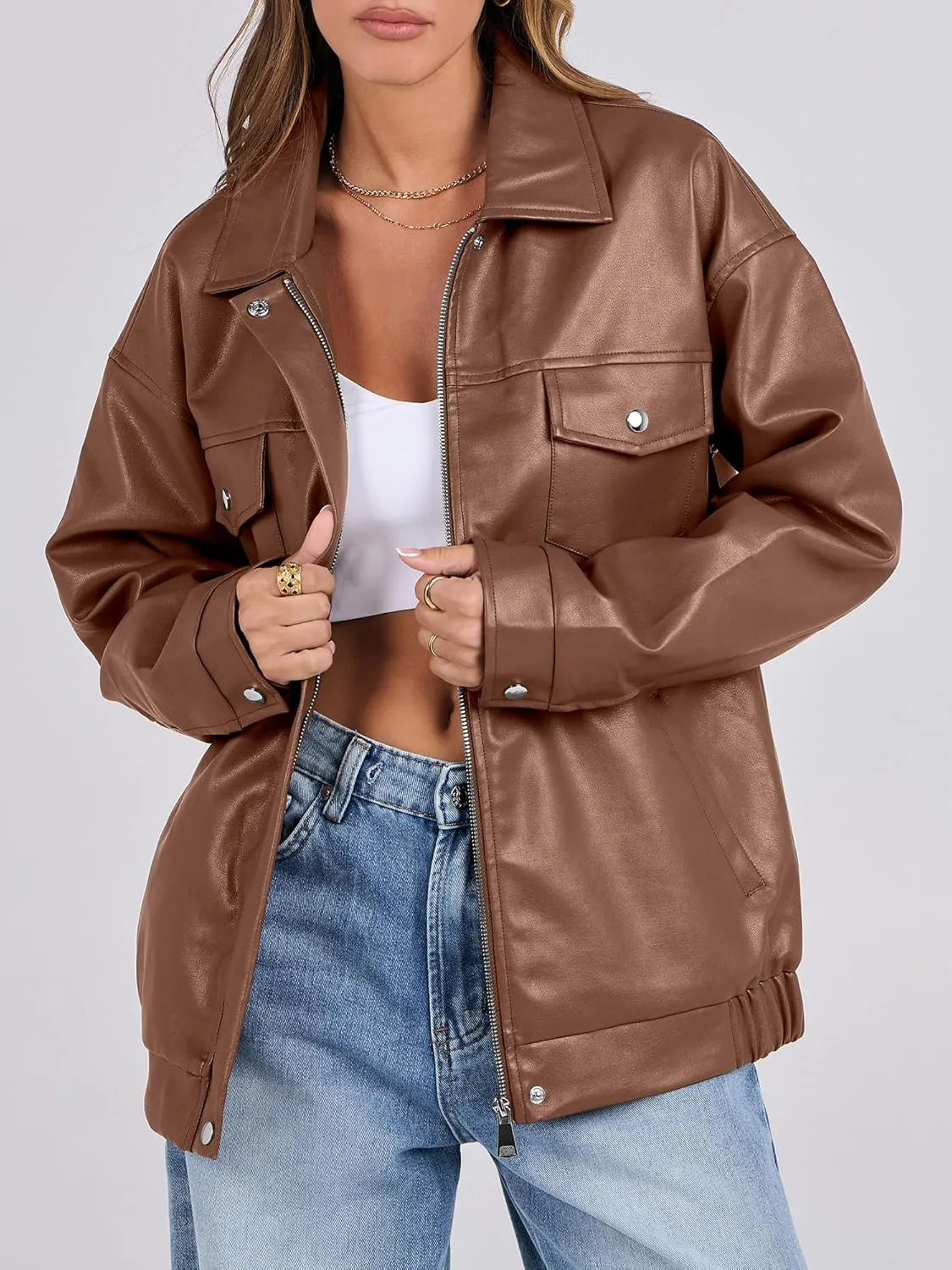 ANRABESS Women Oversized Faux Leather Jackets Fall Fashion Zip Up Motorcycle Coats Winter 2025 Spring Outfits Clothes