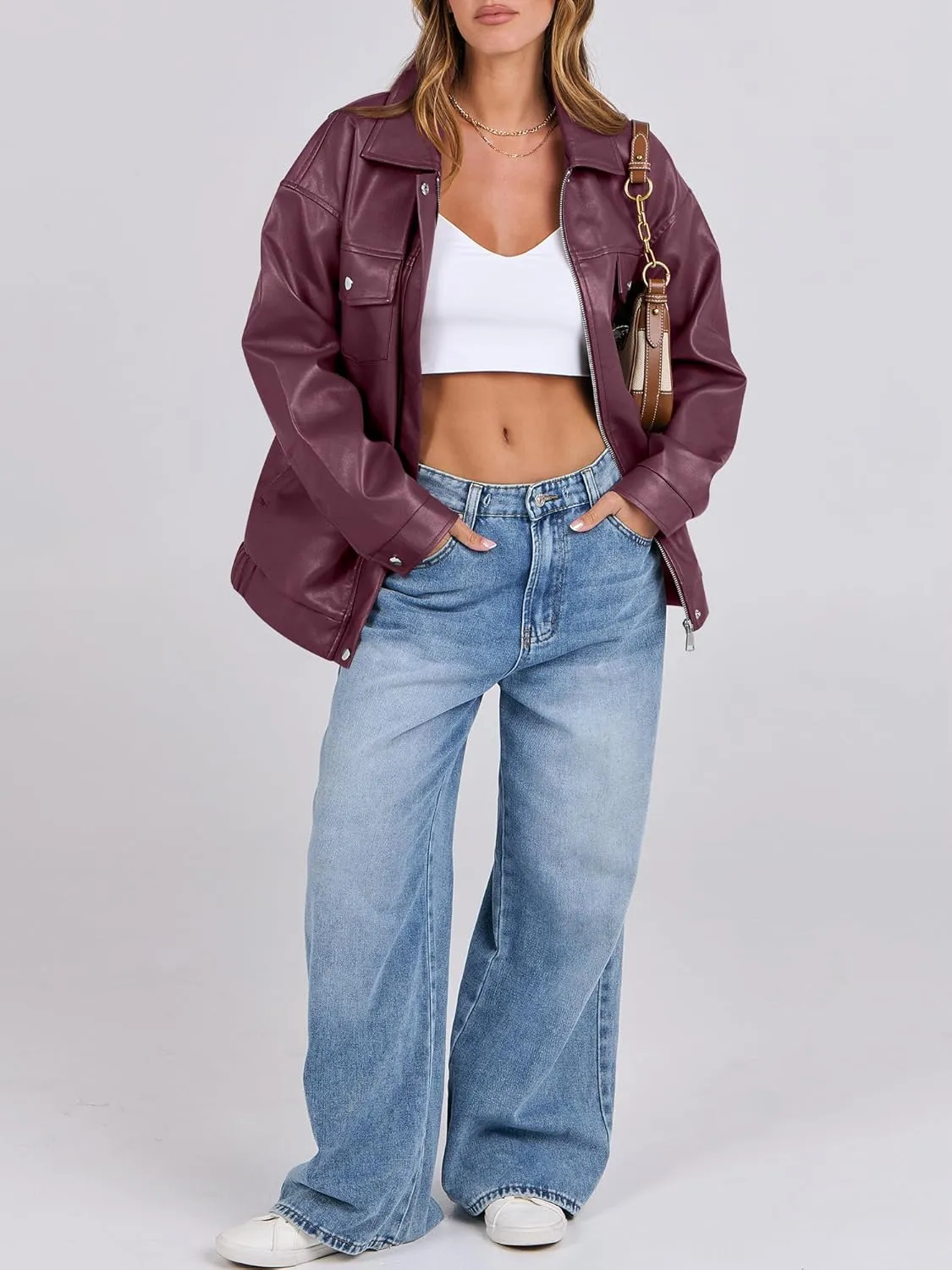 ANRABESS Women Oversized Faux Leather Jackets Fall Fashion Zip Up Motorcycle Coats Winter 2025 Spring Outfits Clothes