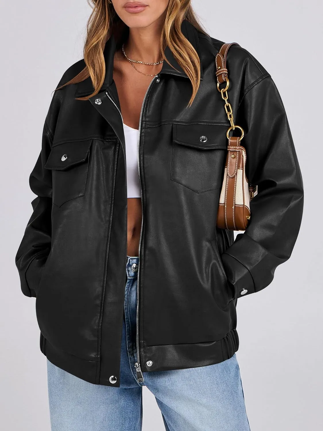 ANRABESS Women Oversized Faux Leather Jackets Fall Fashion Zip Up Motorcycle Coats Winter 2025 Spring Outfits Clothes