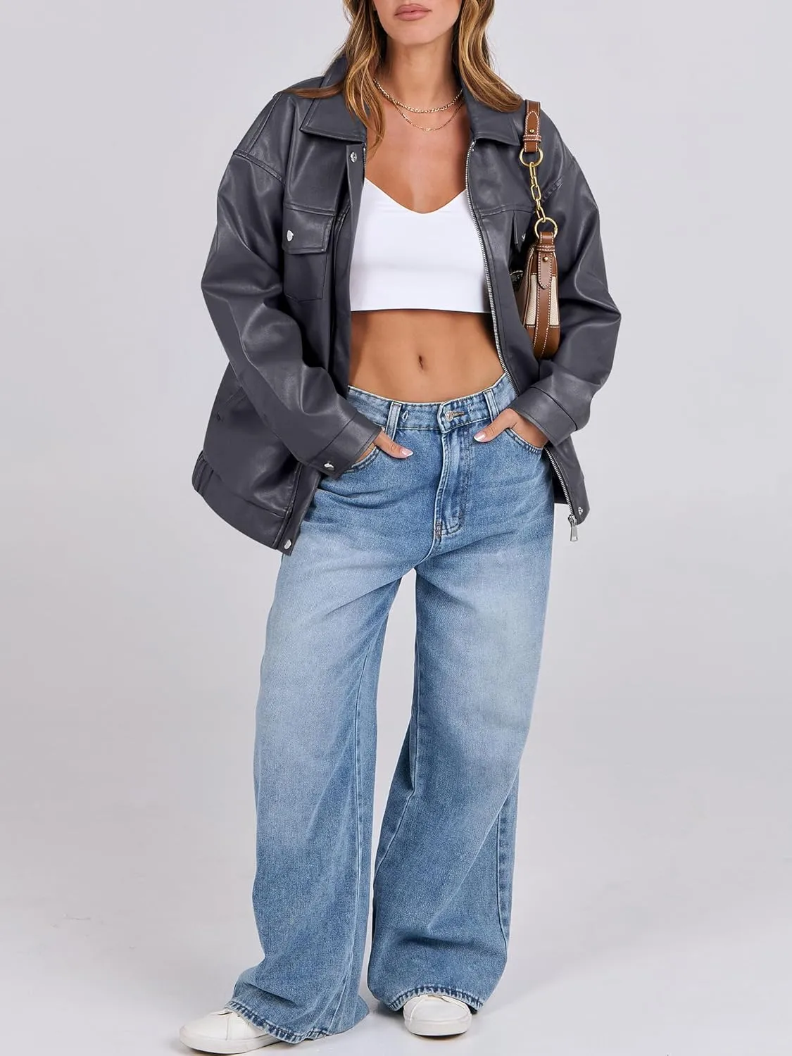 ANRABESS Women Oversized Faux Leather Jackets Fall Fashion Zip Up Motorcycle Coats Winter 2025 Spring Outfits Clothes
