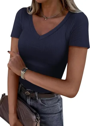ANRABESS Women Short Sleeve V Neck Ribbed Knit Fitted Shirts Basic Tees Tops 2025 Summer Casual T-Shirts Going Out Outfits