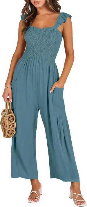 ANRABESS Women Summer Casual Dressy Sleeveless Smocked Wide Leg Linen Jumpsuits Rompers 2025 Trendy Travel Outfit Pocket