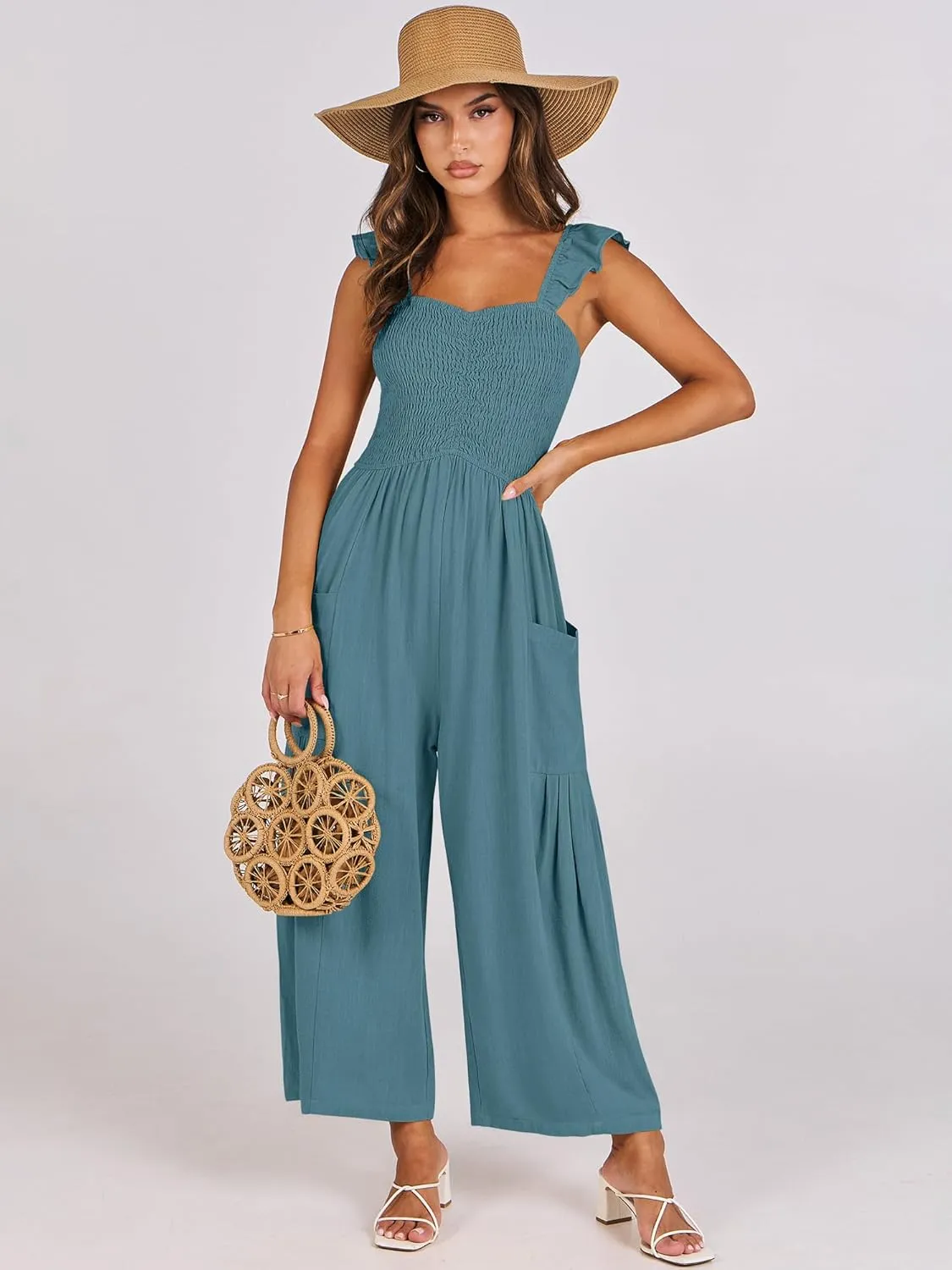 ANRABESS Women Summer Casual Dressy Sleeveless Smocked Wide Leg Linen Jumpsuits Rompers 2025 Trendy Travel Outfit Pocket