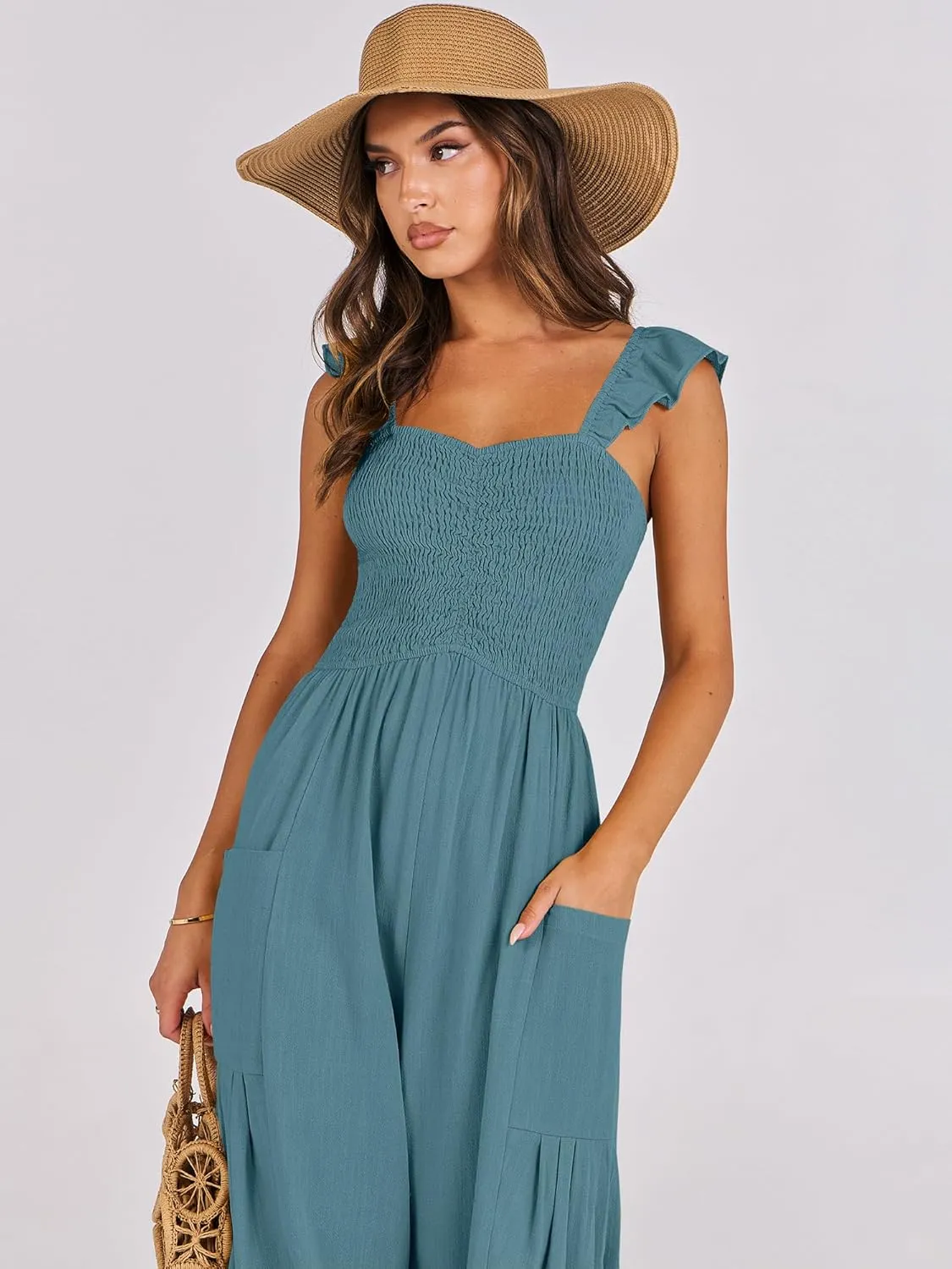 ANRABESS Women Summer Casual Dressy Sleeveless Smocked Wide Leg Linen Jumpsuits Rompers 2025 Trendy Travel Outfit Pocket