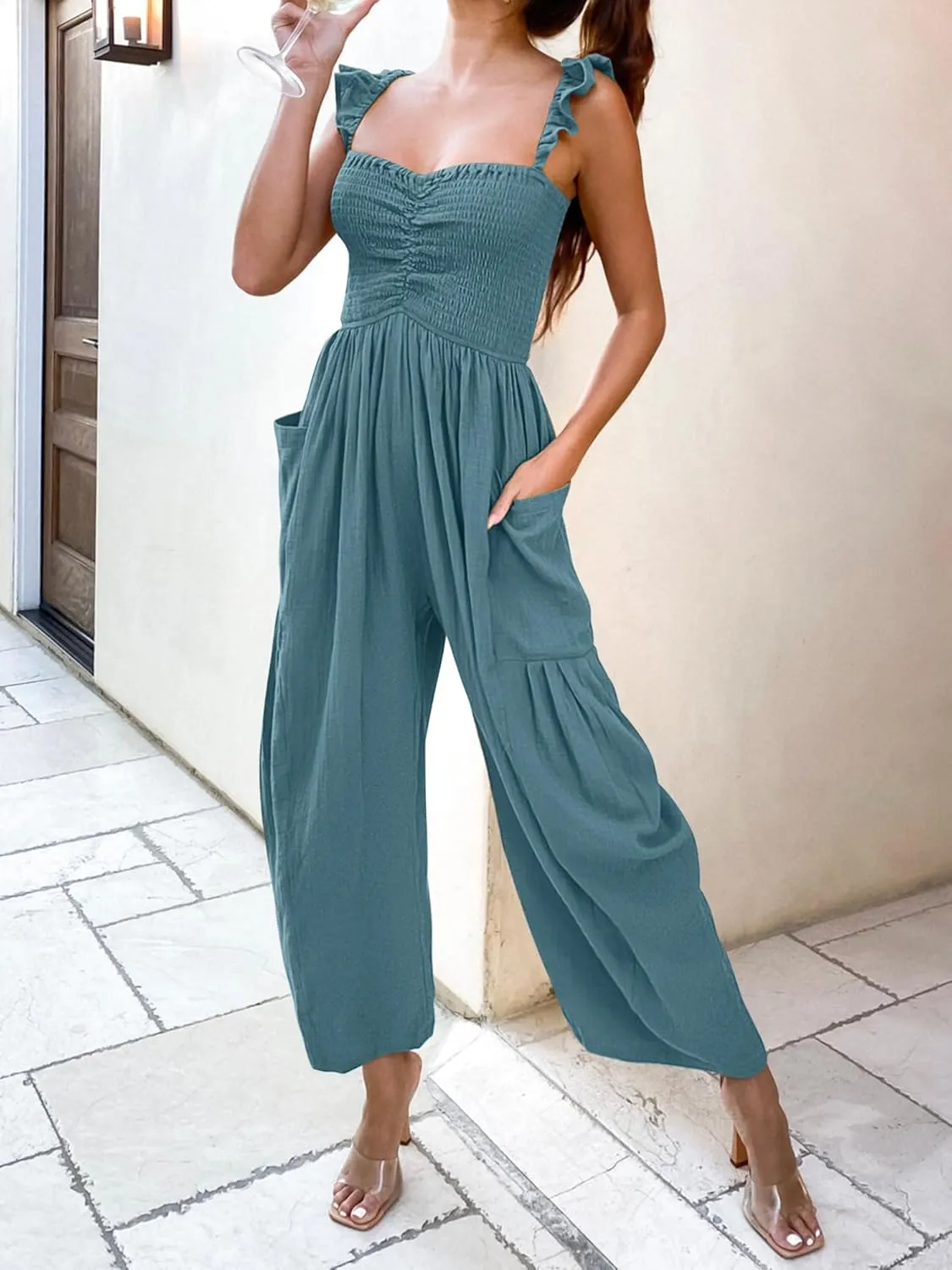 ANRABESS Women Summer Casual Dressy Sleeveless Smocked Wide Leg Linen Jumpsuits Rompers 2025 Trendy Travel Outfit Pocket