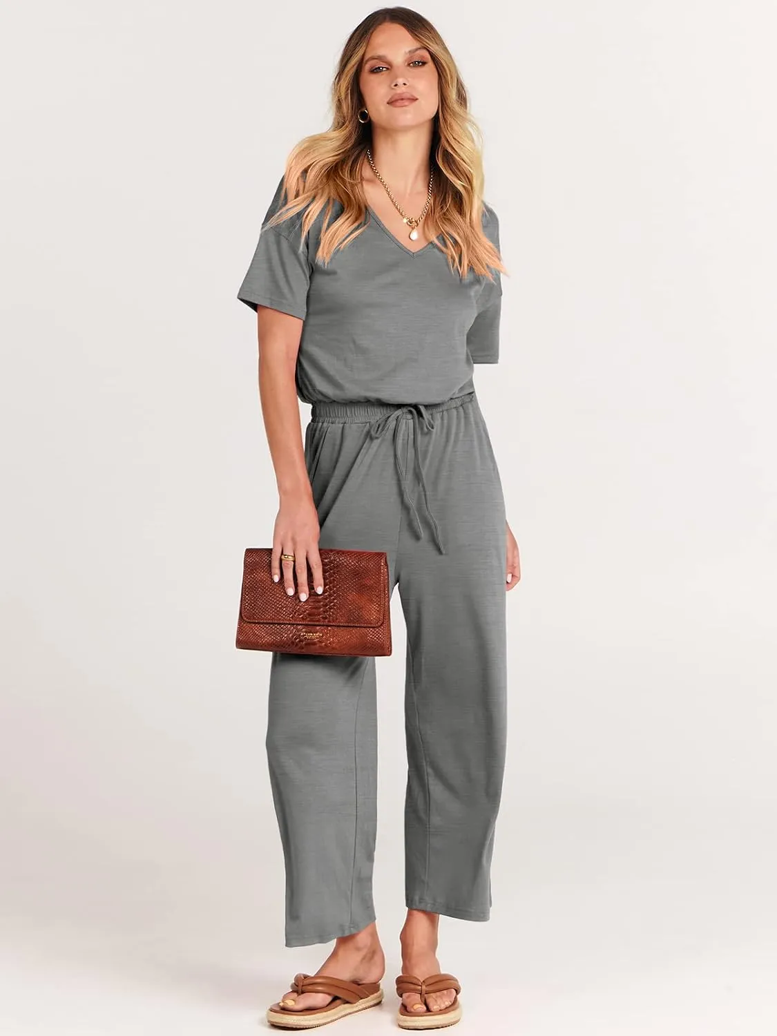 ANRABESS Women Summer Casual Short Sleeve V Neck Elastic Waist Wide Leg Cropped Pants Jumpsuits Rompers with Pockets