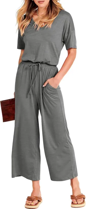 ANRABESS Women Summer Casual Short Sleeve V Neck Elastic Waist Wide Leg Cropped Pants Jumpsuits Rompers with Pockets