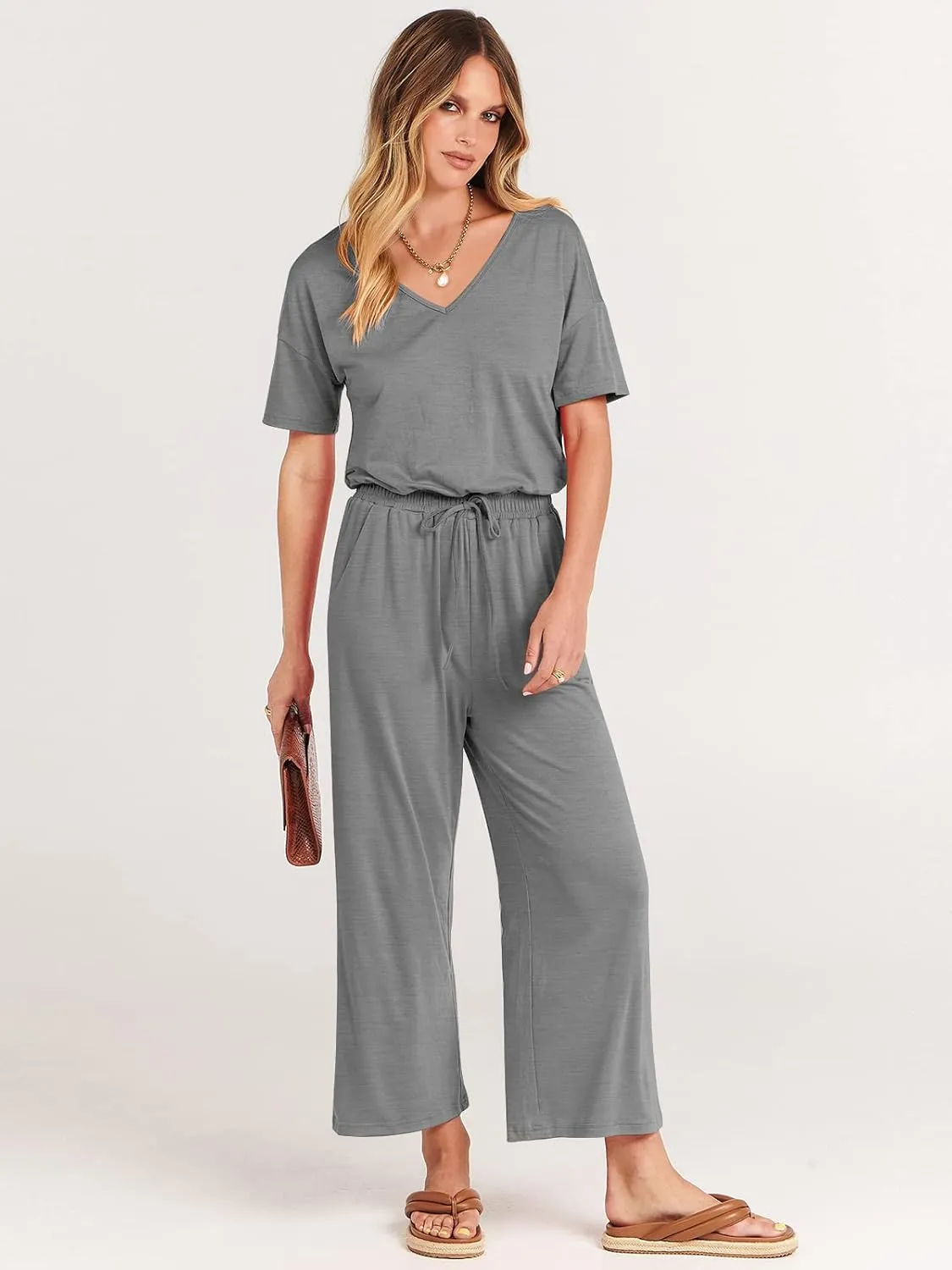 ANRABESS Women Summer Casual Short Sleeve V Neck Elastic Waist Wide Leg Cropped Pants Jumpsuits Rompers with Pockets
