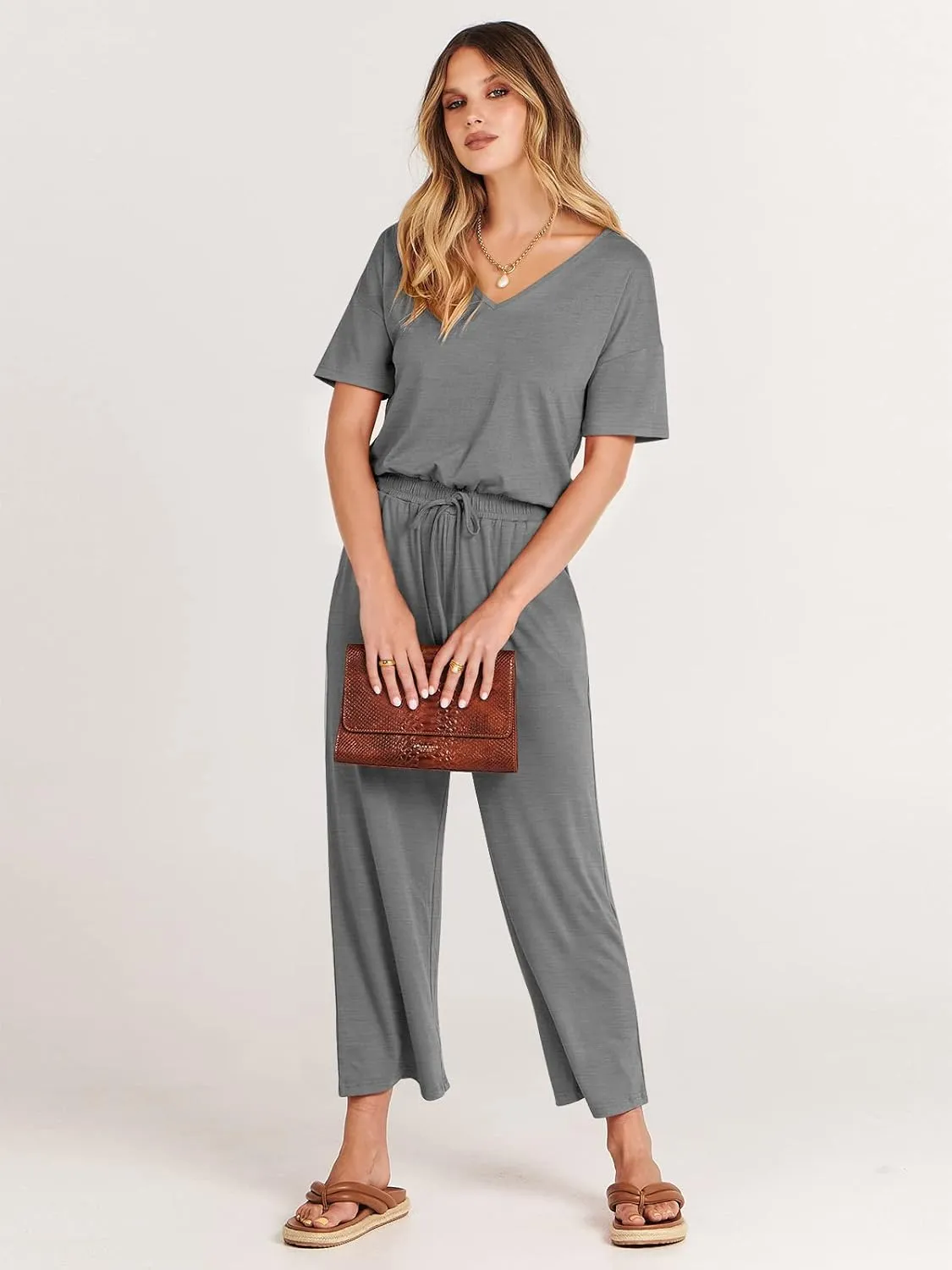 ANRABESS Women Summer Casual Short Sleeve V Neck Elastic Waist Wide Leg Cropped Pants Jumpsuits Rompers with Pockets