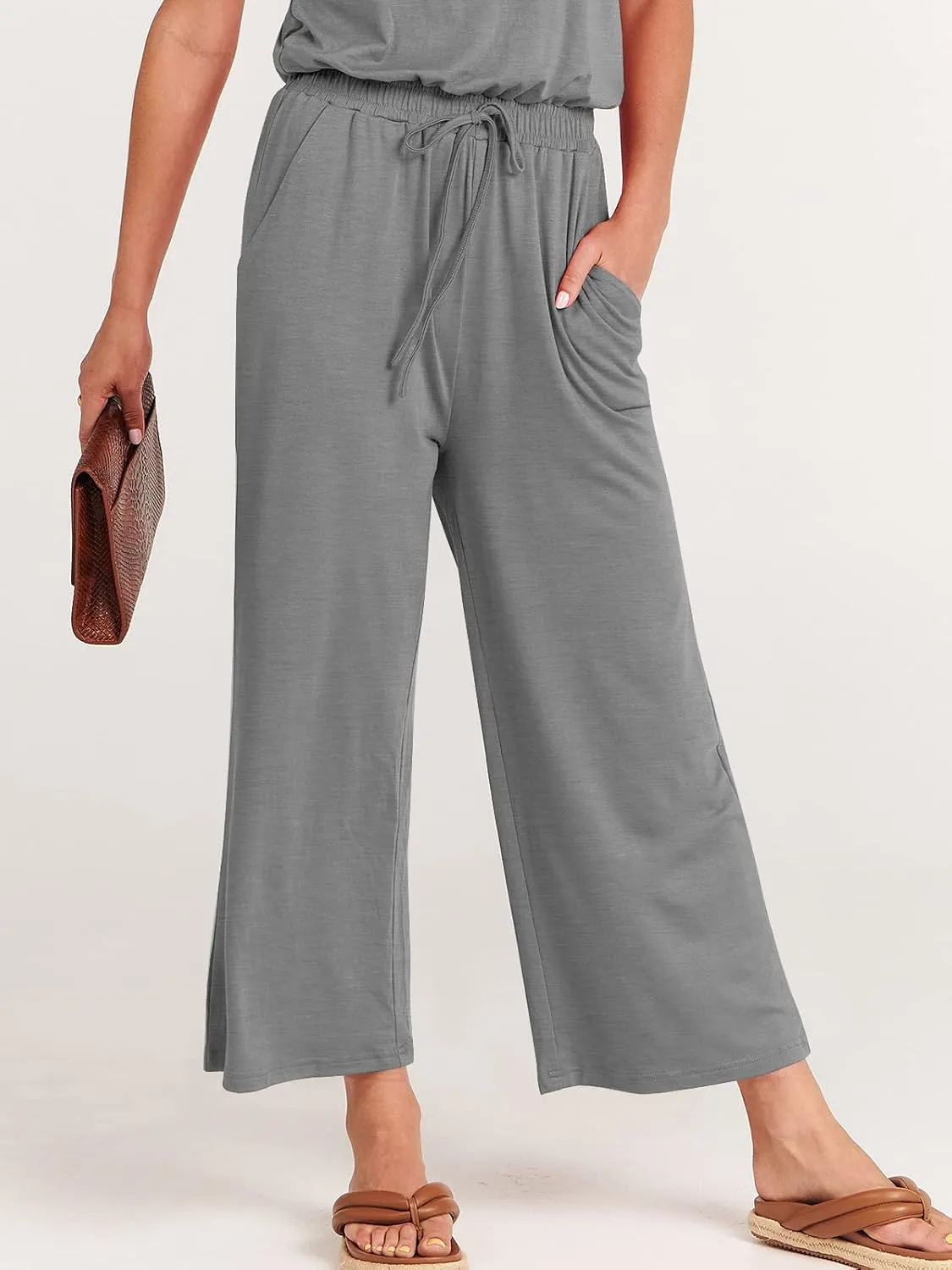 ANRABESS Women Summer Casual Short Sleeve V Neck Elastic Waist Wide Leg Cropped Pants Jumpsuits Rompers with Pockets