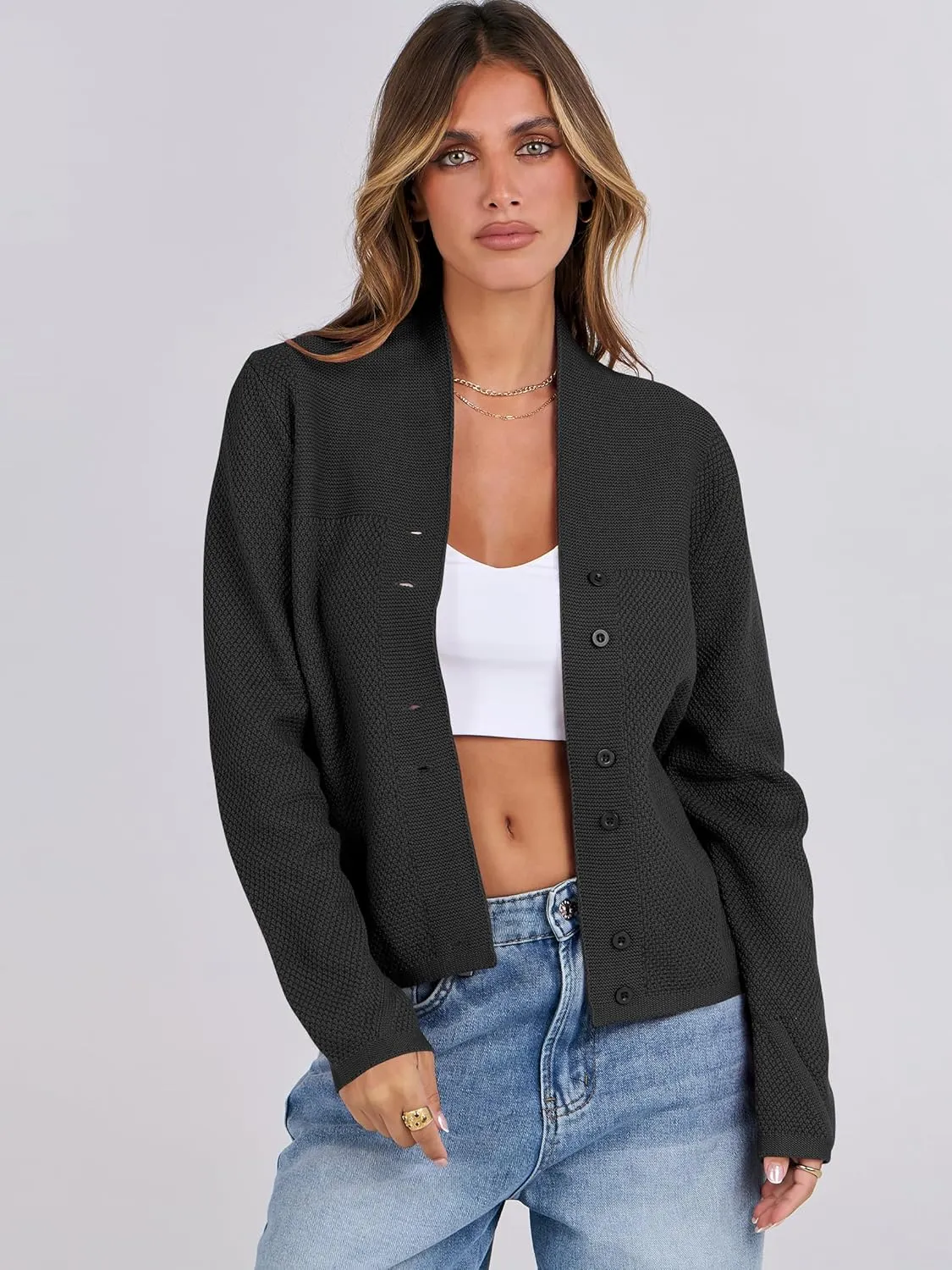 ANRABESS Womens Cardigan Sweater 2025 Casual Waffle Knit Long Sleeve Button Down Fall Fashion Jackets Outwear