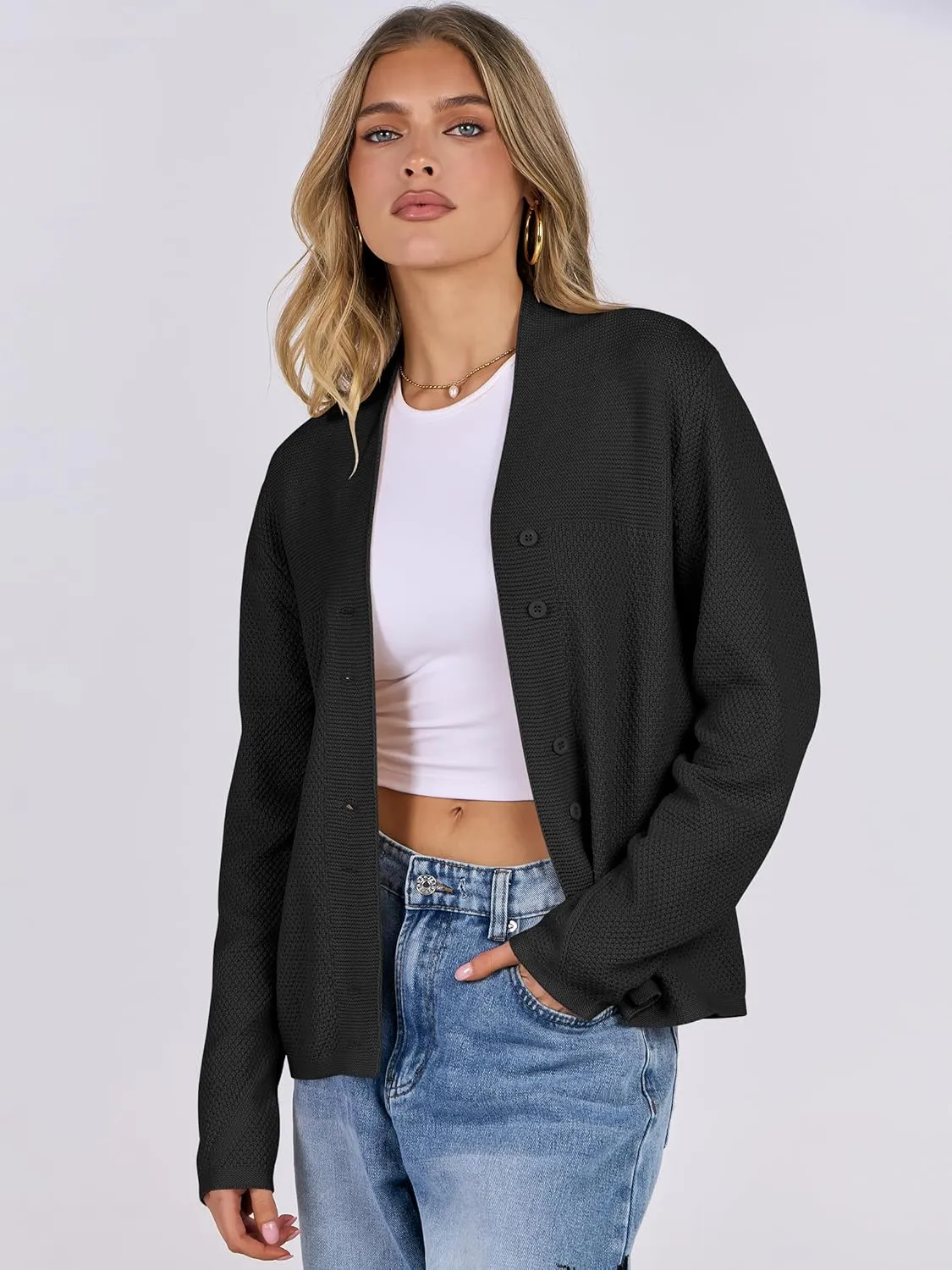 ANRABESS Womens Cardigan Sweater 2025 Casual Waffle Knit Long Sleeve Button Down Fall Fashion Jackets Outwear