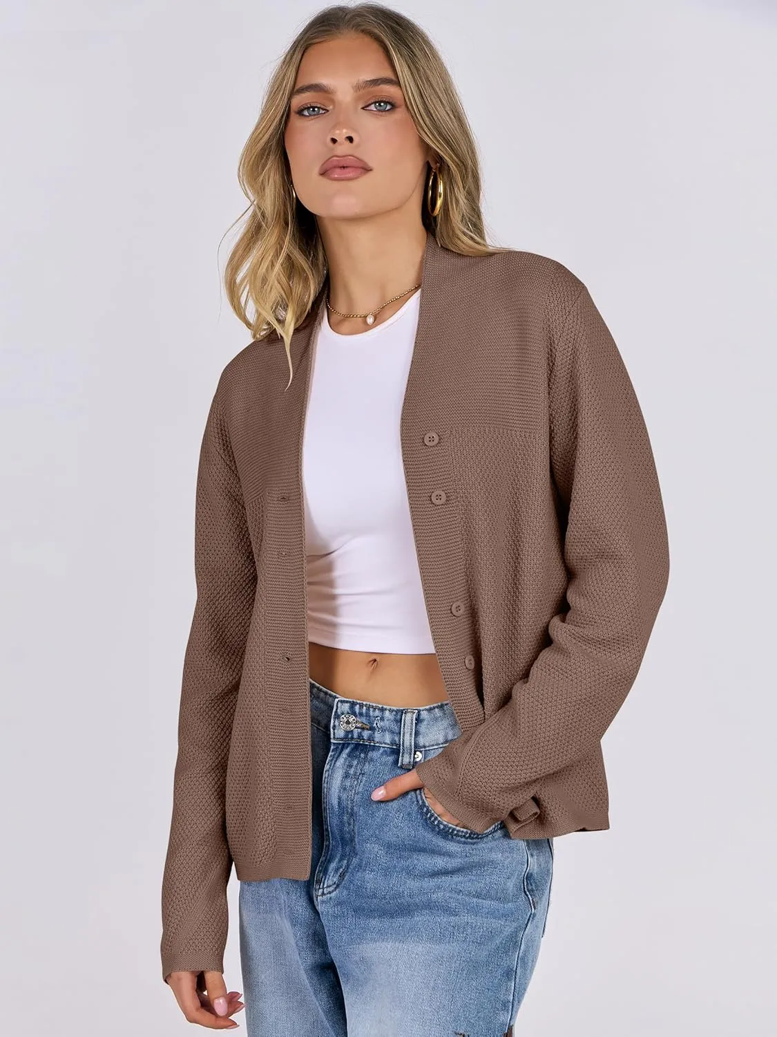 ANRABESS Womens Cardigan Sweater 2025 Casual Waffle Knit Long Sleeve Button Down Fall Fashion Jackets Outwear