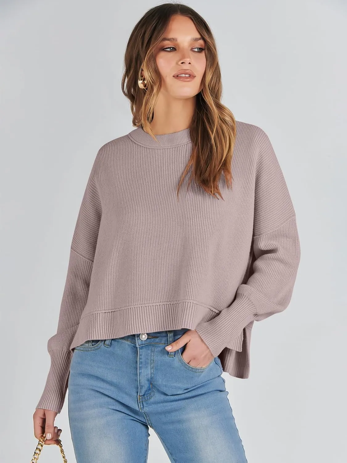 ANRABESS Womens Oversized Crewneck Cropped Sweaters Long Batwing Sleeve Side Slit Ribbed Knit Pullover Tops 2024 Fall Trendy