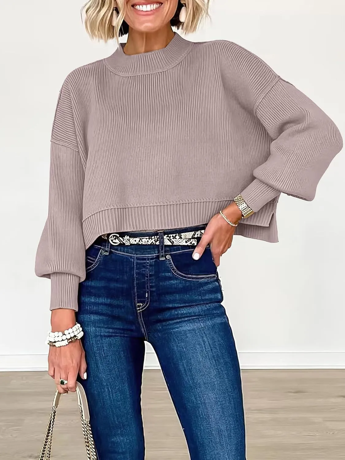 ANRABESS Womens Oversized Crewneck Cropped Sweaters Long Batwing Sleeve Side Slit Ribbed Knit Pullover Tops 2024 Fall Trendy