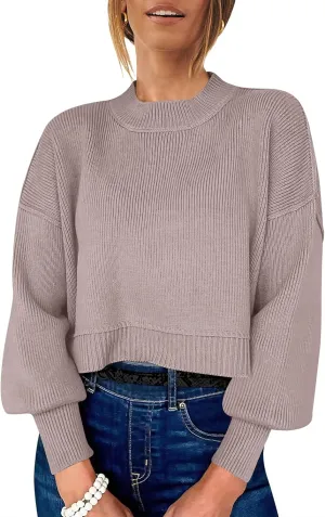 ANRABESS Womens Oversized Crewneck Cropped Sweaters Long Batwing Sleeve Side Slit Ribbed Knit Pullover Tops 2024 Fall Trendy