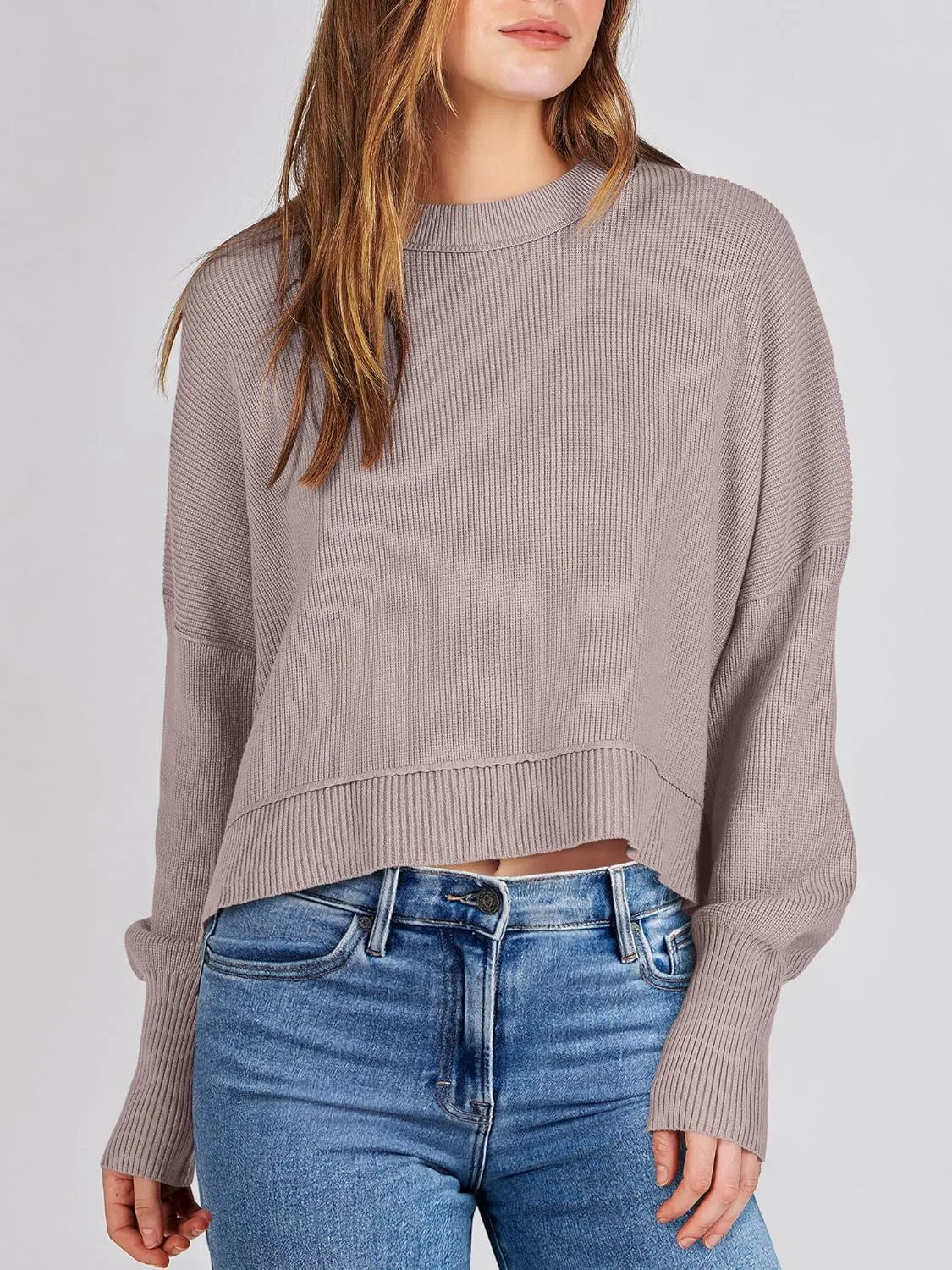 ANRABESS Womens Oversized Crewneck Cropped Sweaters Long Batwing Sleeve Side Slit Ribbed Knit Pullover Tops 2024 Fall Trendy