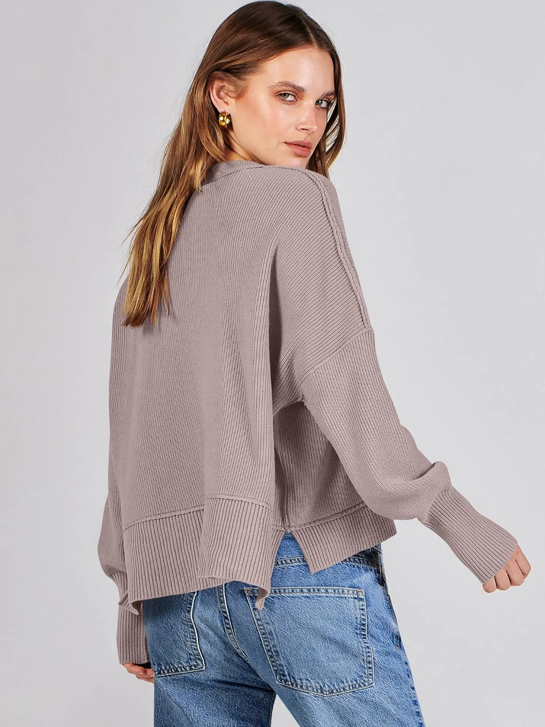 ANRABESS Womens Oversized Crewneck Cropped Sweaters Long Batwing Sleeve Side Slit Ribbed Knit Pullover Tops 2024 Fall Trendy