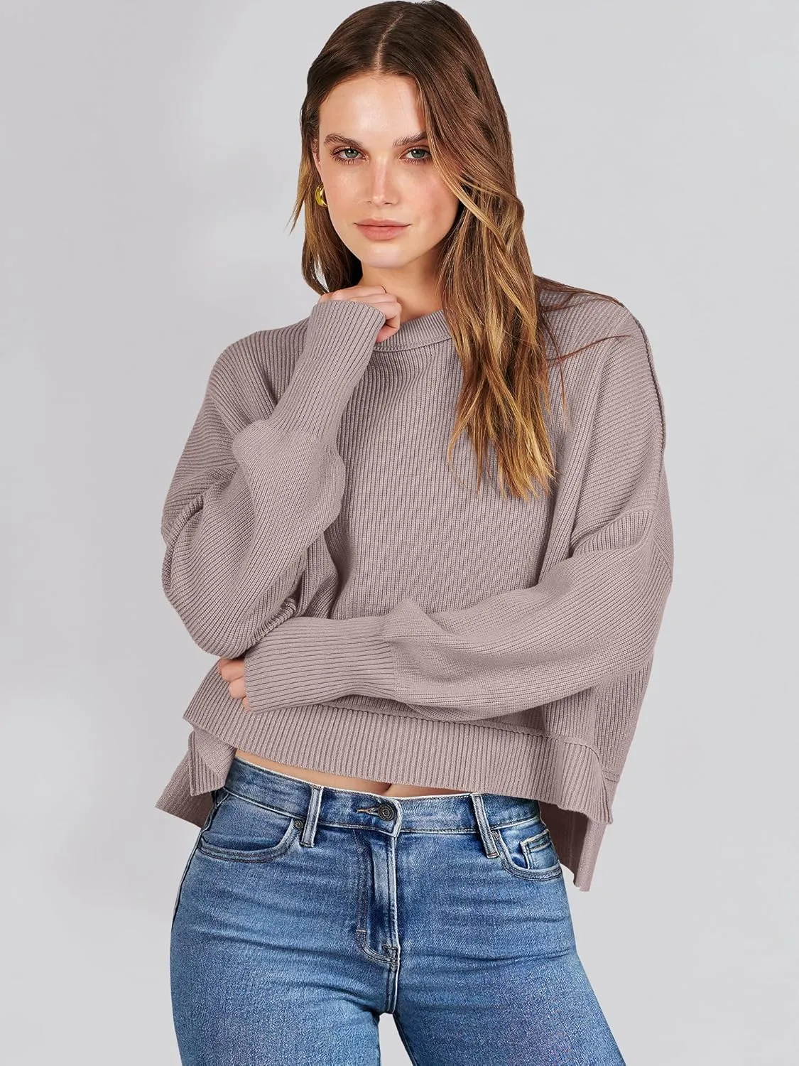 ANRABESS Womens Oversized Crewneck Cropped Sweaters Long Batwing Sleeve Side Slit Ribbed Knit Pullover Tops 2024 Fall Trendy