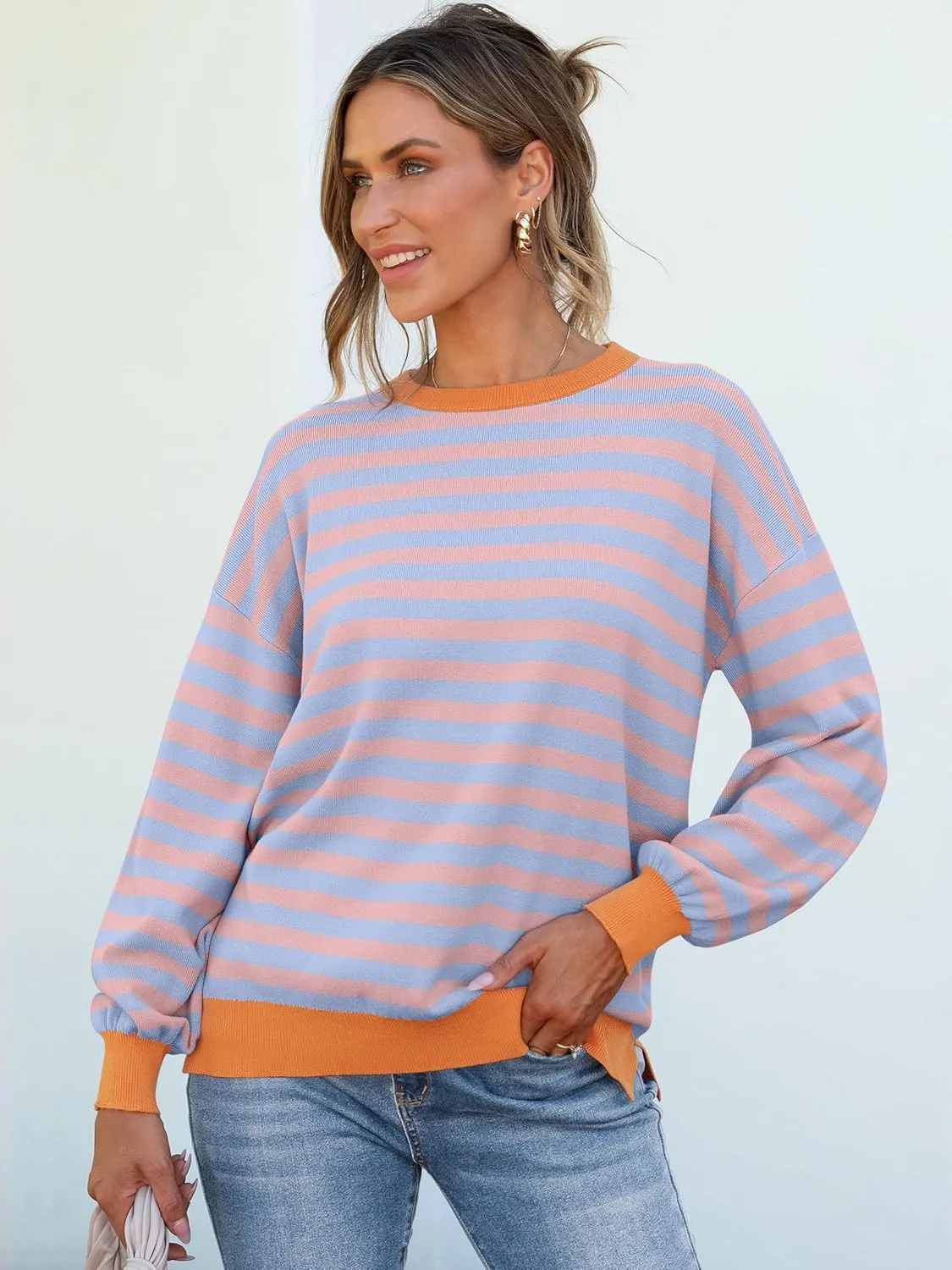 ANRABESS Womens Oversized Striped Sweaters Long Sleeve Crewneck Casual Side Slit Pullover Shirts 2025 Spring Trendy Tops
