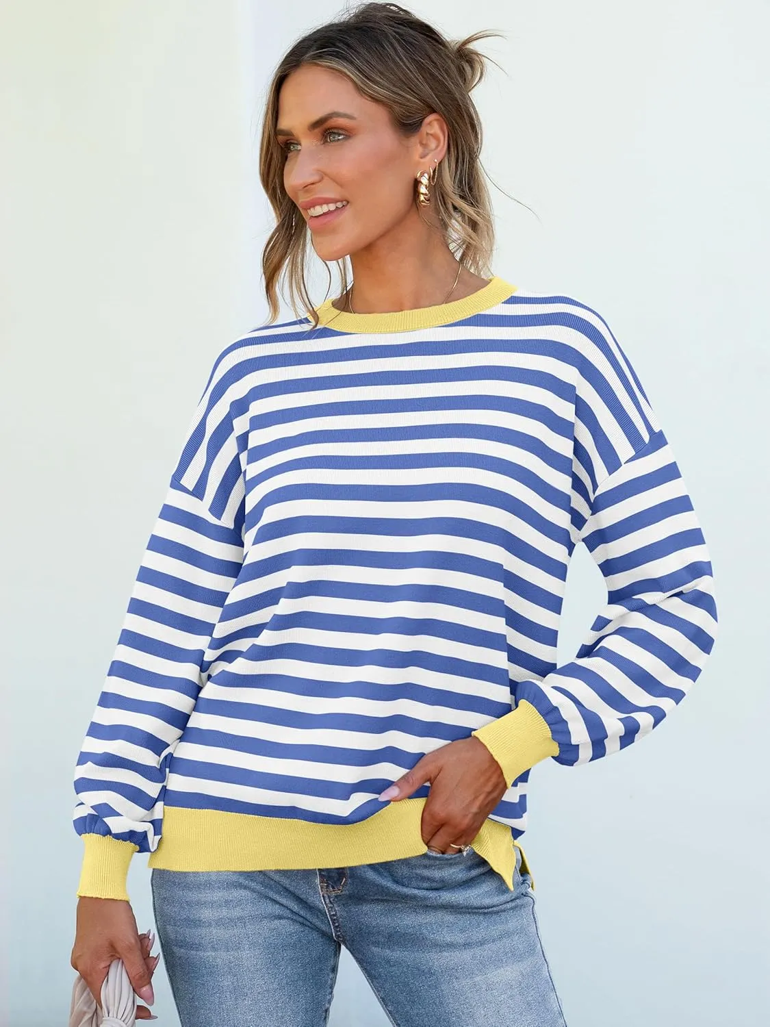 ANRABESS Womens Oversized Striped Sweaters Long Sleeve Crewneck Casual Side Slit Pullover Shirts 2025 Spring Trendy Tops