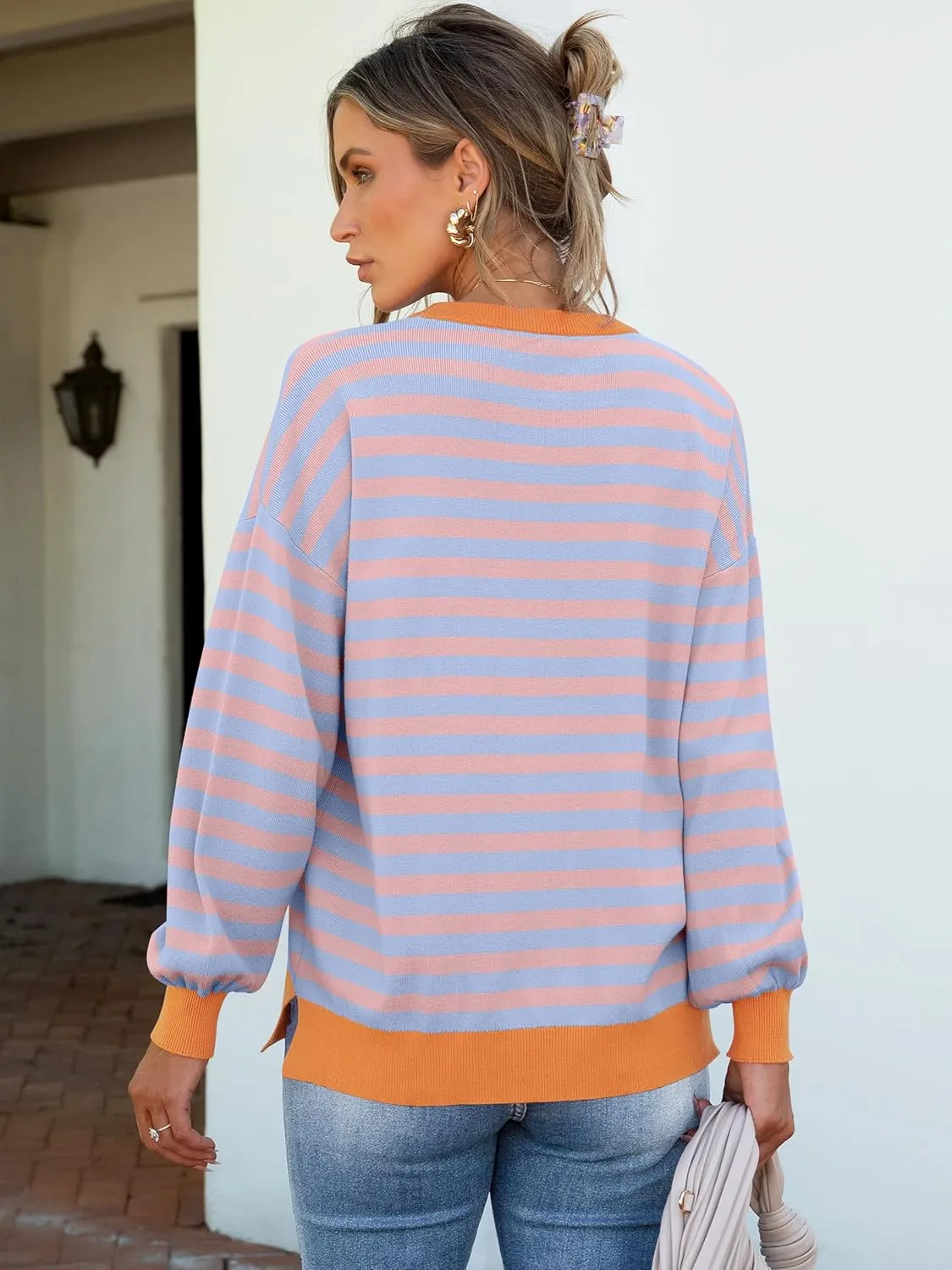 ANRABESS Womens Oversized Striped Sweaters Long Sleeve Crewneck Casual Side Slit Pullover Shirts 2025 Spring Trendy Tops