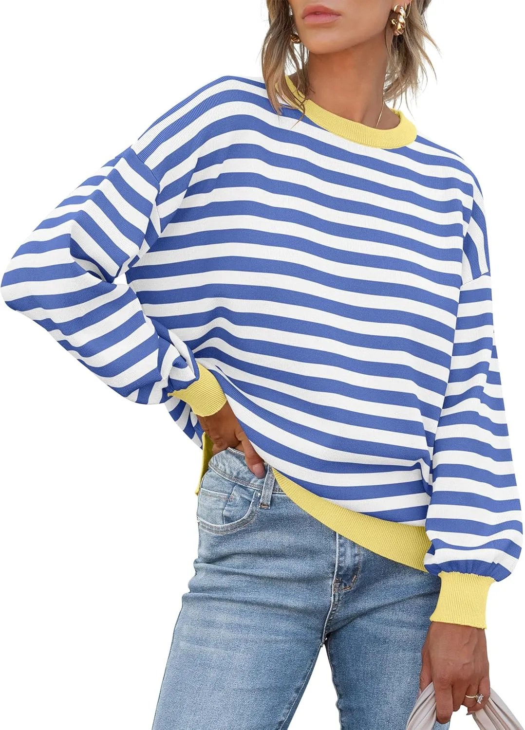 ANRABESS Womens Oversized Striped Sweaters Long Sleeve Crewneck Casual Side Slit Pullover Shirts 2025 Spring Trendy Tops