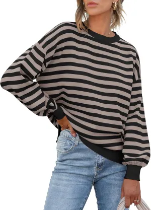 ANRABESS Womens Oversized Striped Sweaters Long Sleeve Crewneck Casual Side Slit Pullover Shirts 2025 Spring Trendy Tops