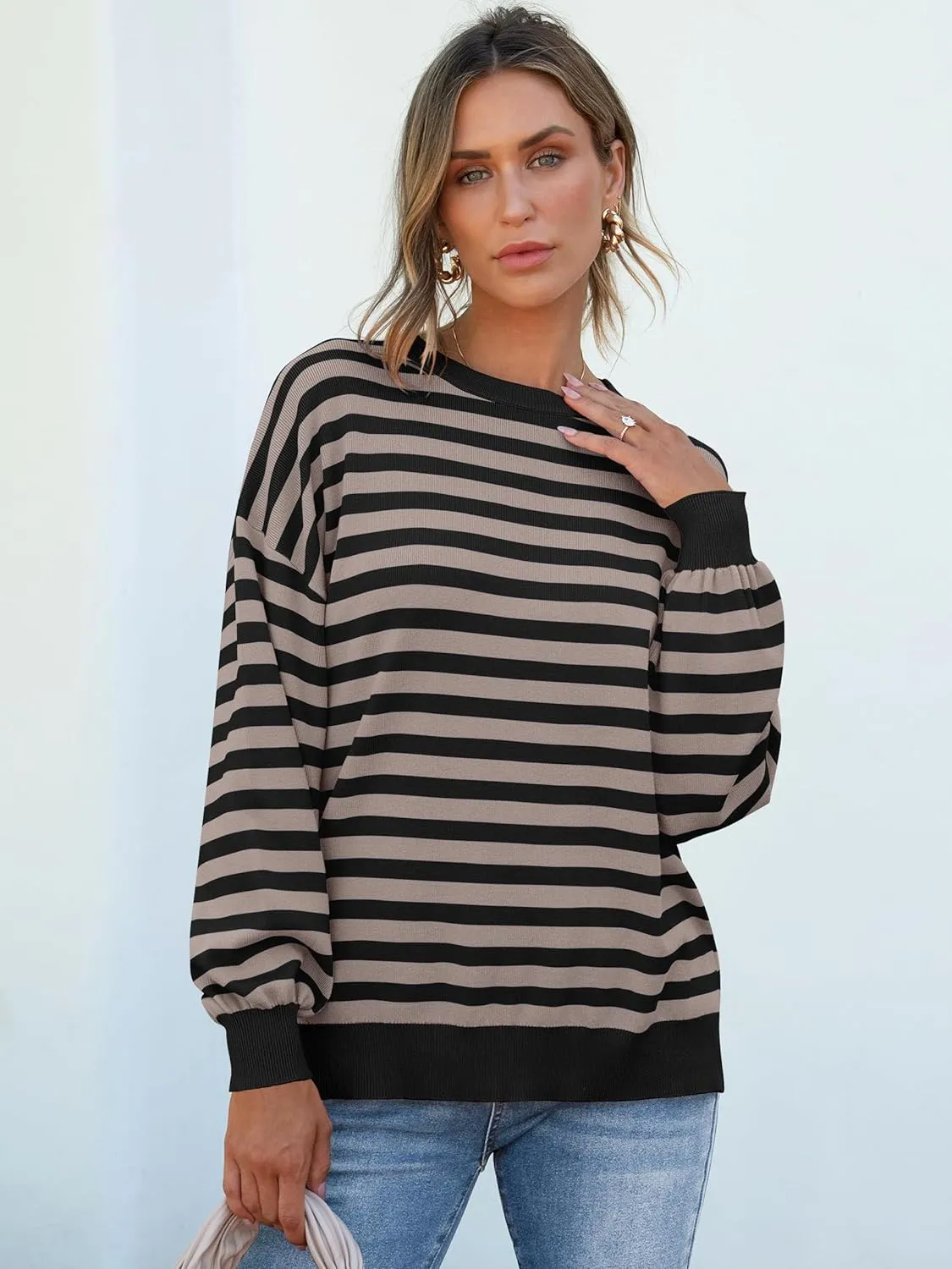 ANRABESS Womens Oversized Striped Sweaters Long Sleeve Crewneck Casual Side Slit Pullover Shirts 2025 Spring Trendy Tops
