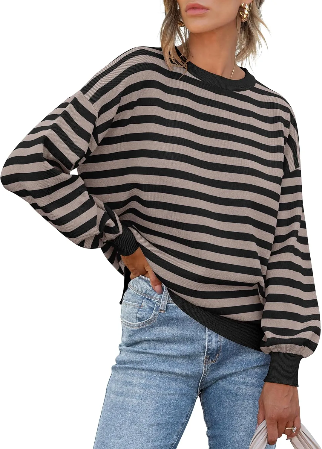 ANRABESS Womens Oversized Striped Sweaters Long Sleeve Crewneck Casual Side Slit Pullover Shirts 2025 Spring Trendy Tops