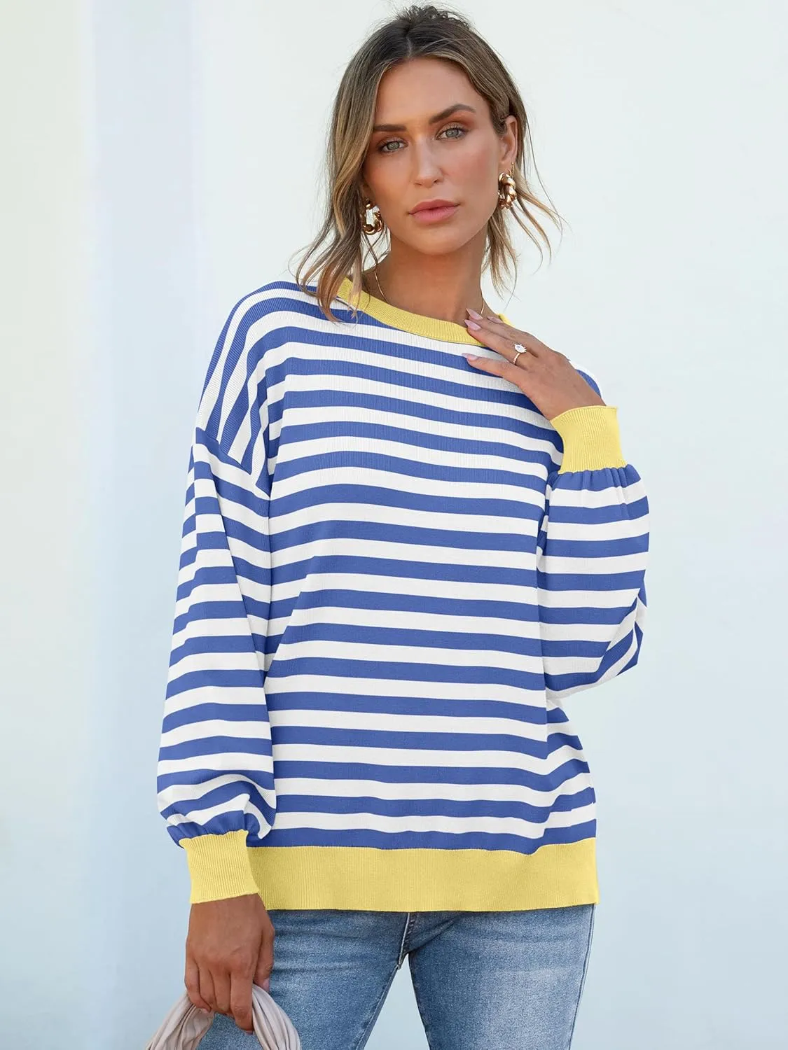 ANRABESS Womens Oversized Striped Sweaters Long Sleeve Crewneck Casual Side Slit Pullover Shirts 2025 Spring Trendy Tops