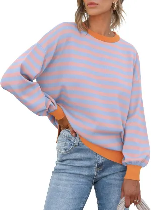 ANRABESS Womens Oversized Striped Sweaters Long Sleeve Crewneck Casual Side Slit Pullover Shirts 2025 Spring Trendy Tops