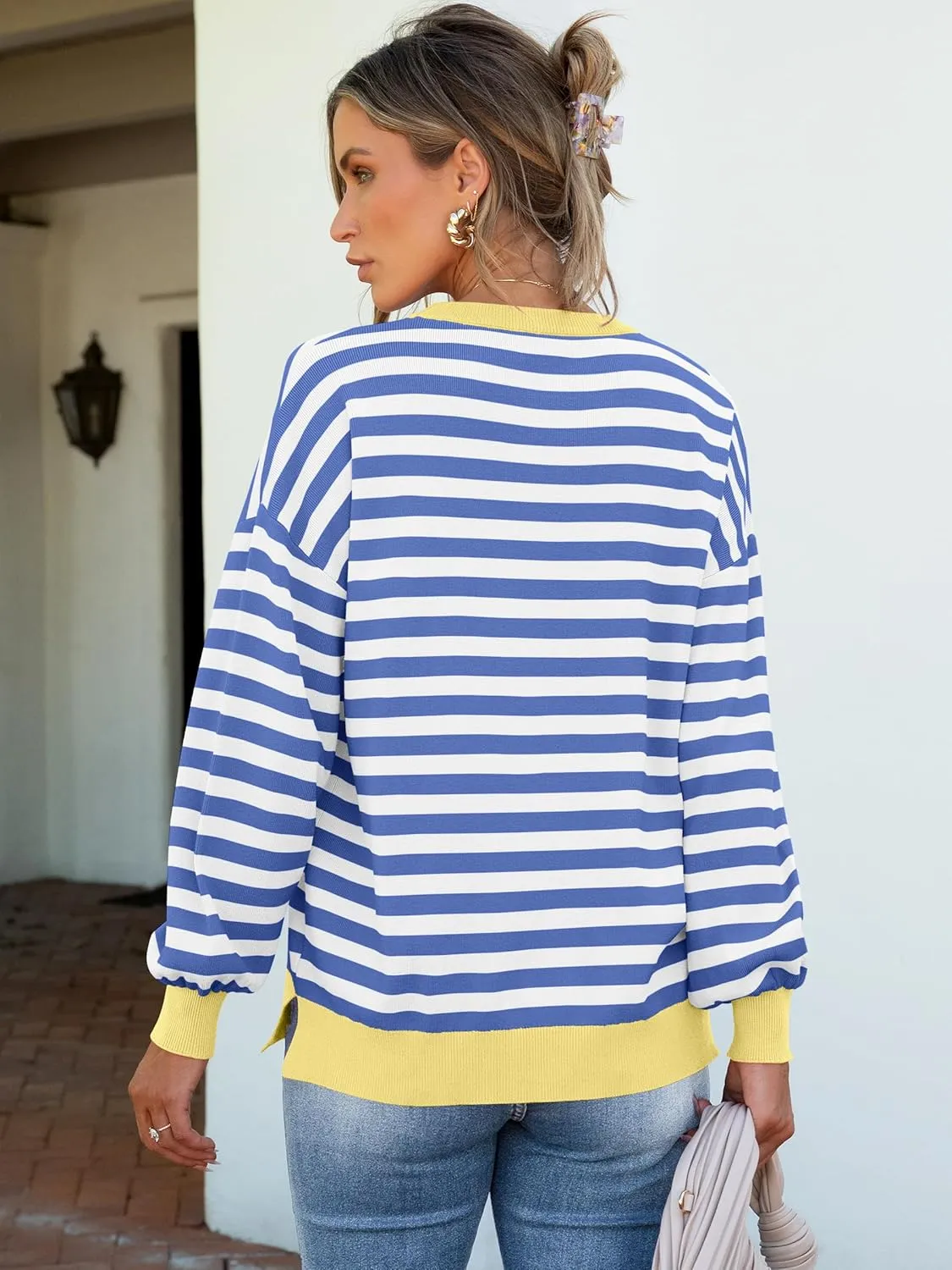 ANRABESS Womens Oversized Striped Sweaters Long Sleeve Crewneck Casual Side Slit Pullover Shirts 2025 Spring Trendy Tops