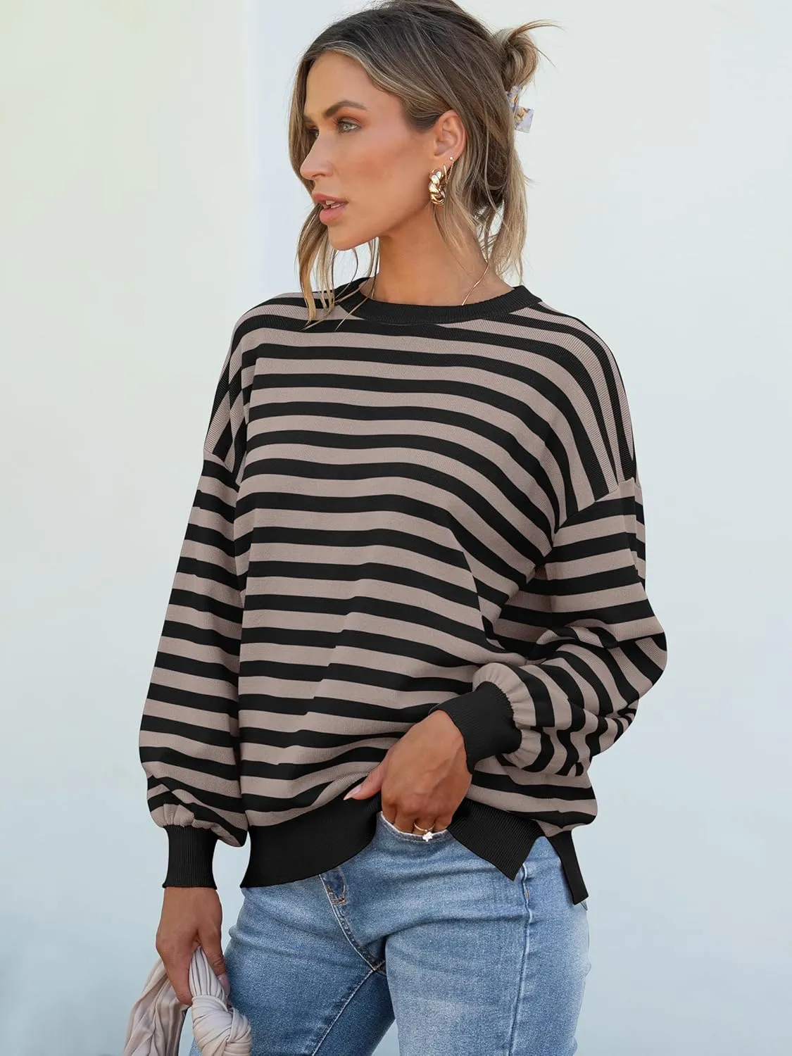 ANRABESS Womens Oversized Striped Sweaters Long Sleeve Crewneck Casual Side Slit Pullover Shirts 2025 Spring Trendy Tops