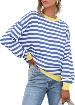 ANRABESS Womens Oversized Striped Sweaters Long Sleeve Crewneck Casual Side Slit Pullover Shirts 2025 Spring Trendy Tops