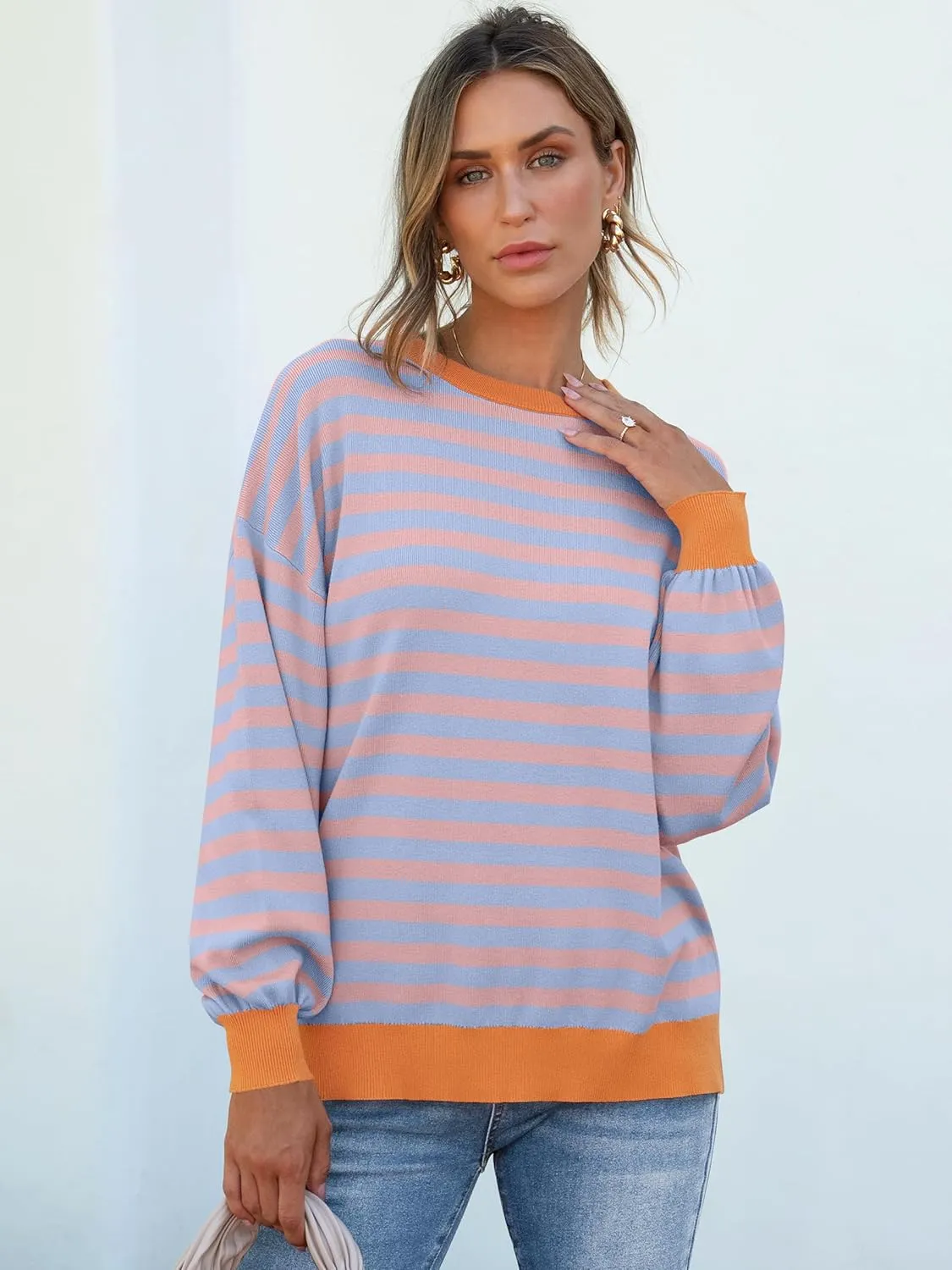 ANRABESS Womens Oversized Striped Sweaters Long Sleeve Crewneck Casual Side Slit Pullover Shirts 2025 Spring Trendy Tops