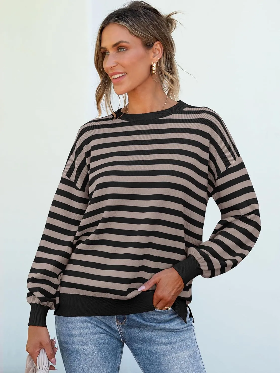 ANRABESS Womens Oversized Striped Sweaters Long Sleeve Crewneck Casual Side Slit Pullover Shirts 2025 Spring Trendy Tops