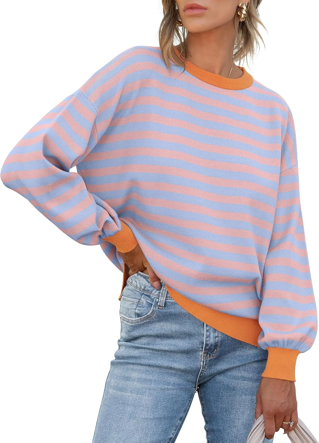 ANRABESS Womens Oversized Striped Sweaters Long Sleeve Crewneck Casual Side Slit Pullover Shirts 2025 Spring Trendy Tops