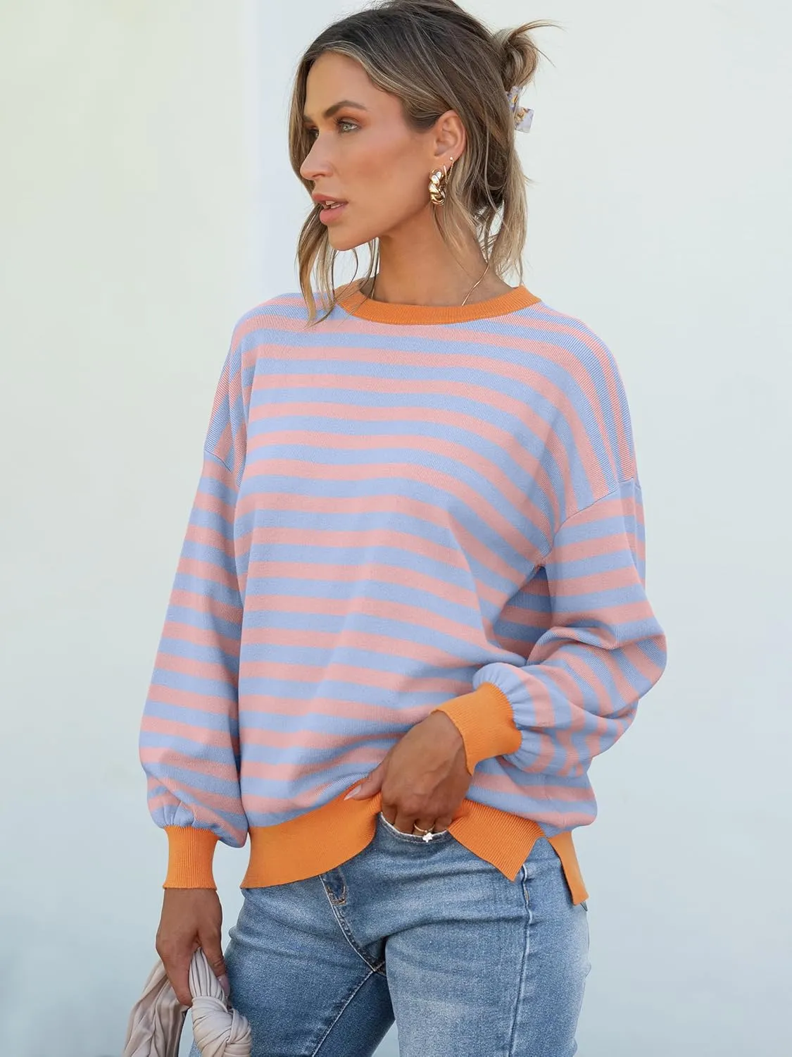 ANRABESS Womens Oversized Striped Sweaters Long Sleeve Crewneck Casual Side Slit Pullover Shirts 2025 Spring Trendy Tops