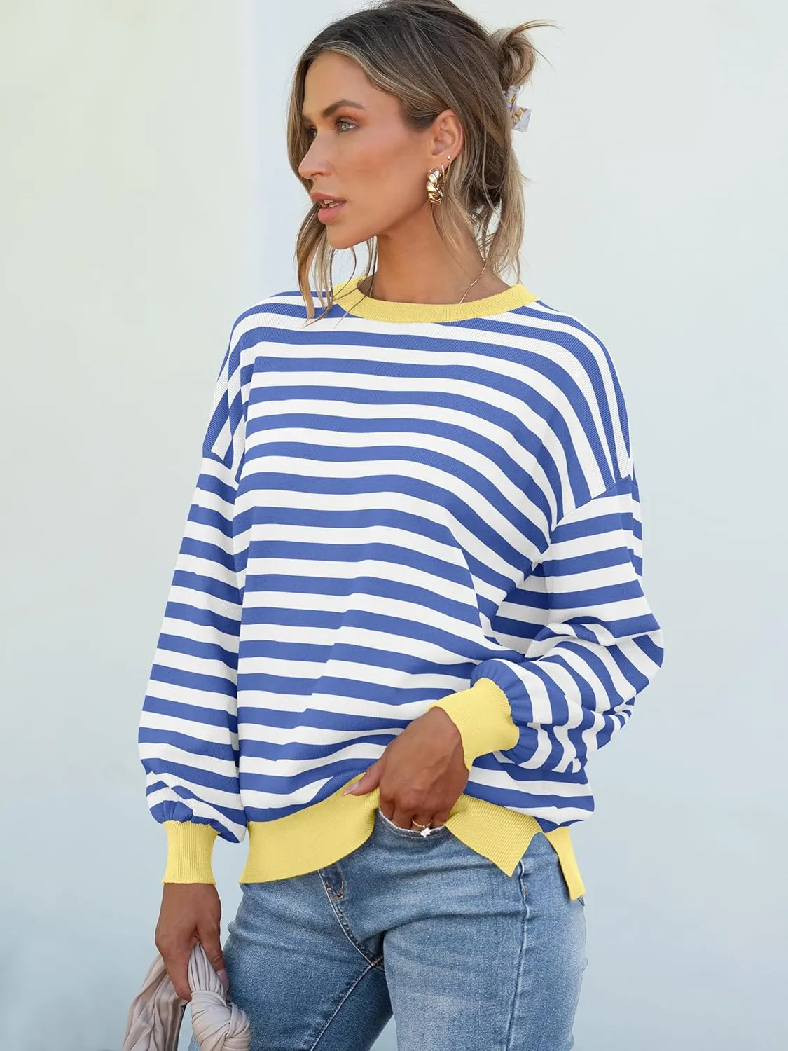 ANRABESS Womens Oversized Striped Sweaters Long Sleeve Crewneck Casual Side Slit Pullover Shirts 2025 Spring Trendy Tops