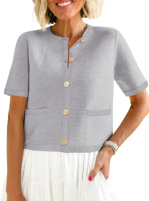 ANRABESS Women's Short Sleeve Cardigan Sweaters Summer Casual Crew Neck Knit Striped Button Down Cropped Dressy Blouses Tops