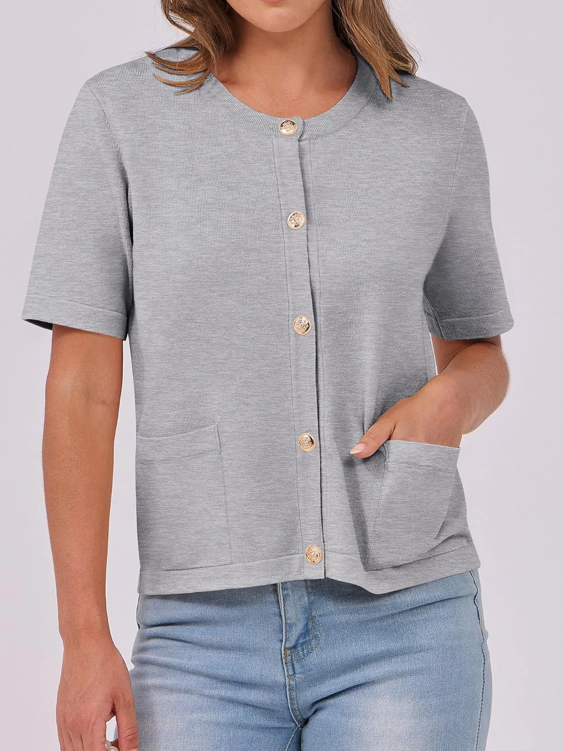 ANRABESS Women's Short Sleeve Cardigan Sweaters Summer Casual Crew Neck Knit Striped Button Down Cropped Dressy Blouses Tops