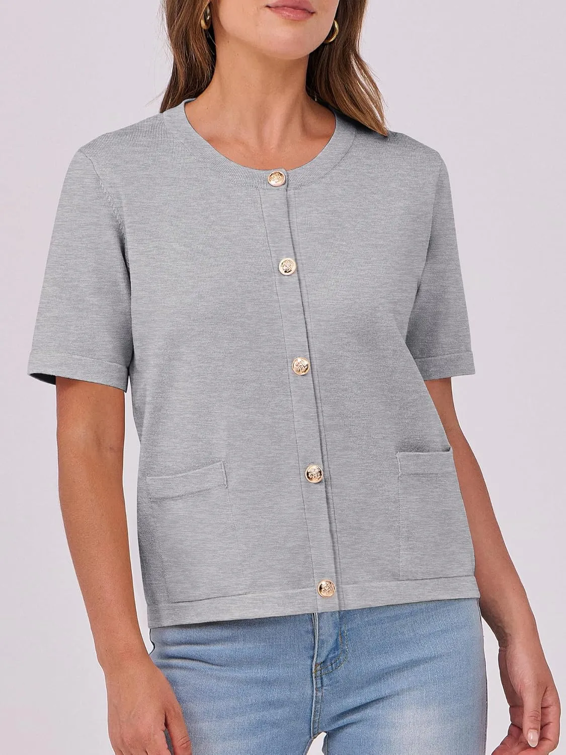 ANRABESS Women's Short Sleeve Cardigan Sweaters Summer Casual Crew Neck Knit Striped Button Down Cropped Dressy Blouses Tops