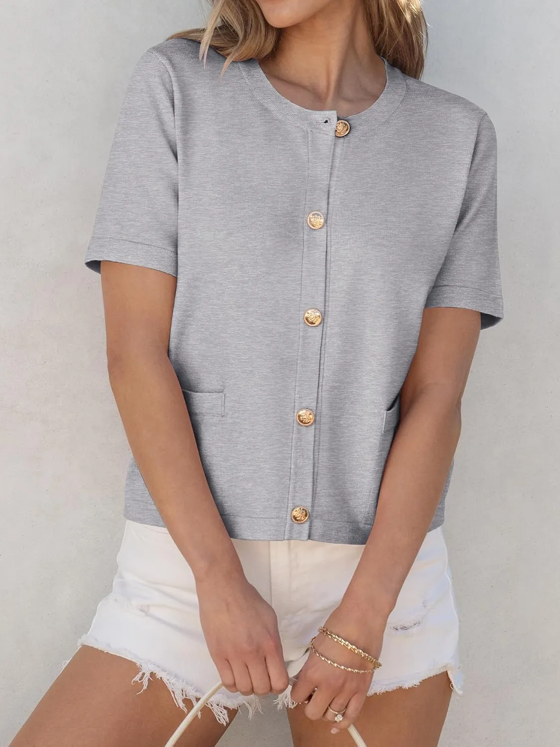 ANRABESS Women's Short Sleeve Cardigan Sweaters Summer Casual Crew Neck Knit Striped Button Down Cropped Dressy Blouses Tops