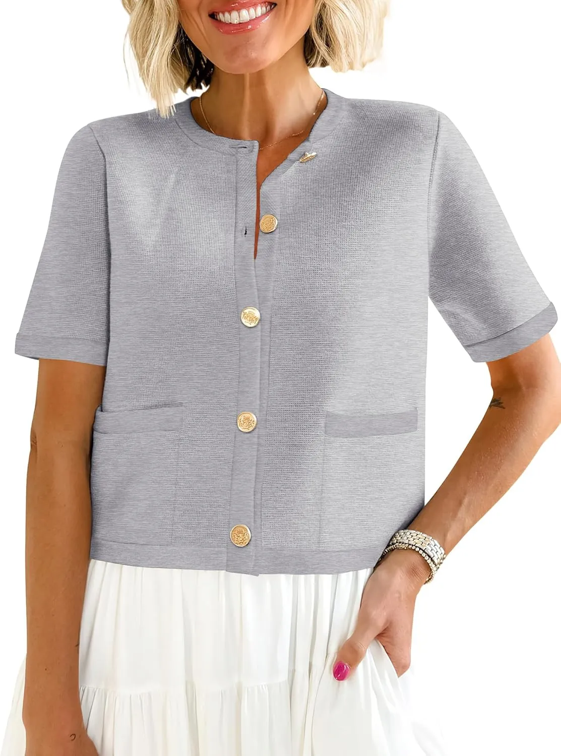 ANRABESS Women's Short Sleeve Cardigan Sweaters Summer Casual Crew Neck Knit Striped Button Down Cropped Dressy Blouses Tops