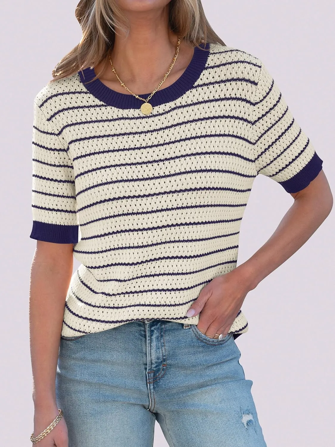 ANRABESS Women's Short Sleeve Sweaters Summer Knit Tops Crewneck Casual Business Dressy Blouses 2025 Spring Outfit