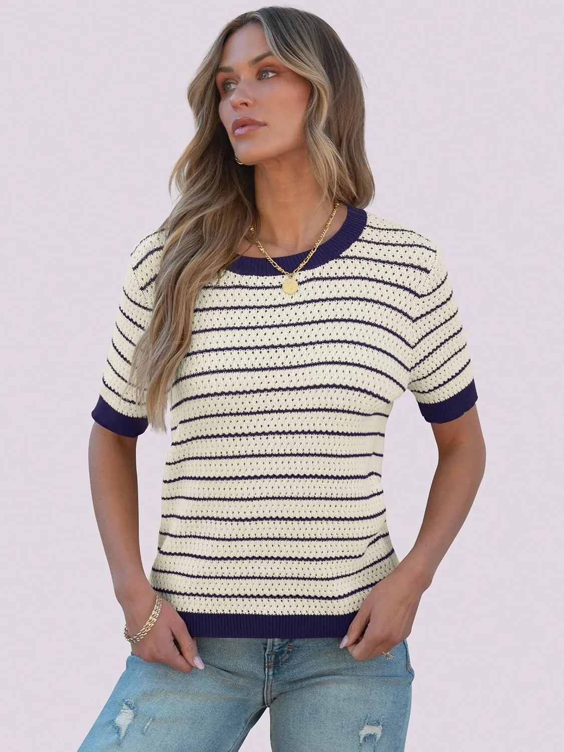 ANRABESS Women's Short Sleeve Sweaters Summer Knit Tops Crewneck Casual Business Dressy Blouses 2025 Spring Outfit