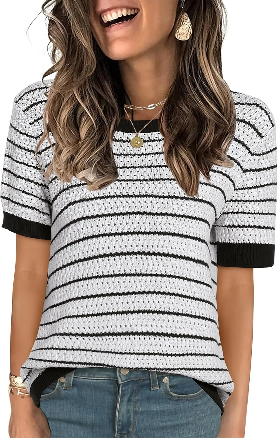 ANRABESS Women's Short Sleeve Sweaters Summer Knit Tops Crewneck Casual Business Dressy Blouses 2025 Spring Outfit